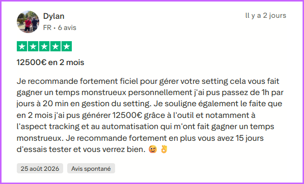 Avis Trustpilot 5 étoiles publié le 25 août 2026