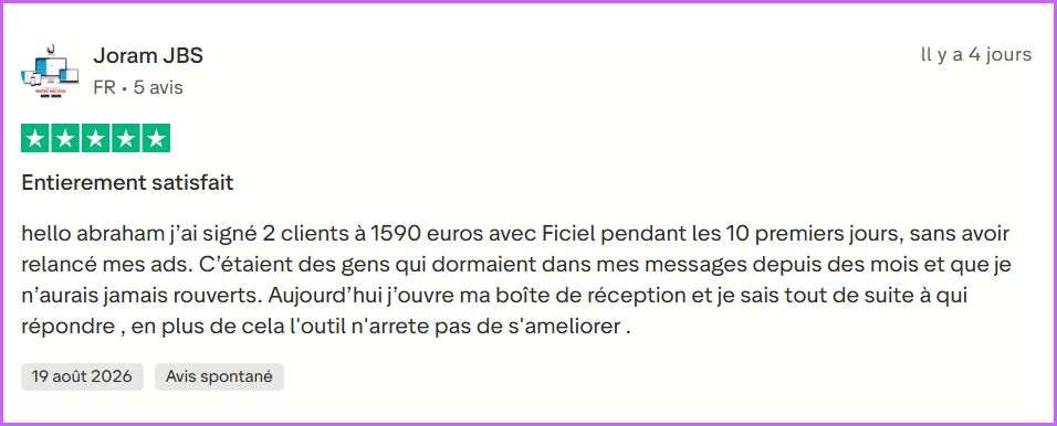 Avis Trustpilot 5 étoiles publié le 19 août 2026