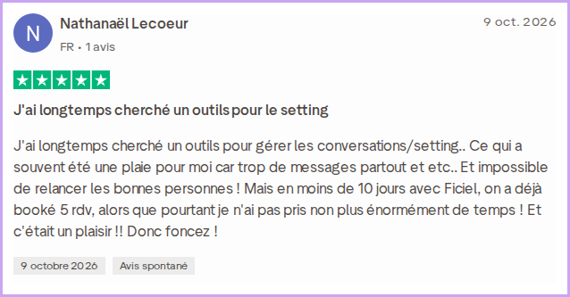 Avis Trustpilot 5 étoiles de Nathanaël Lecoeur, publié le 9 octobre 2026