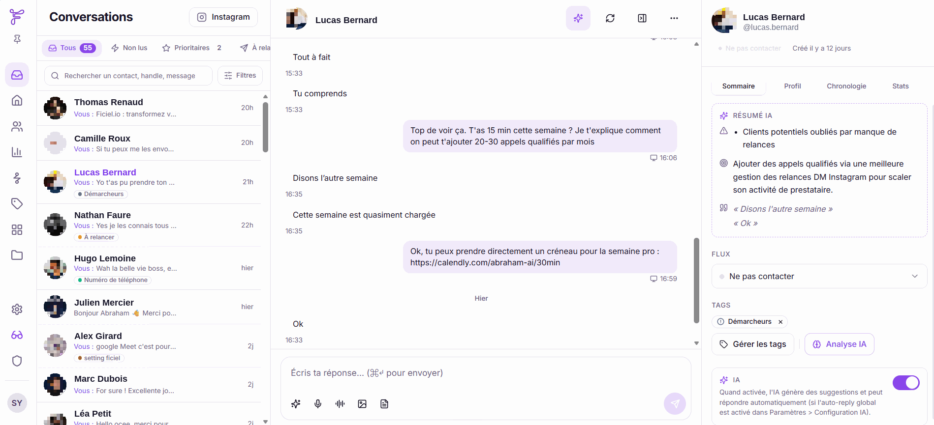 La messagerie Ficiel : conversations Instagram, résumé IA du contact et relances du jour dans un seul écran.