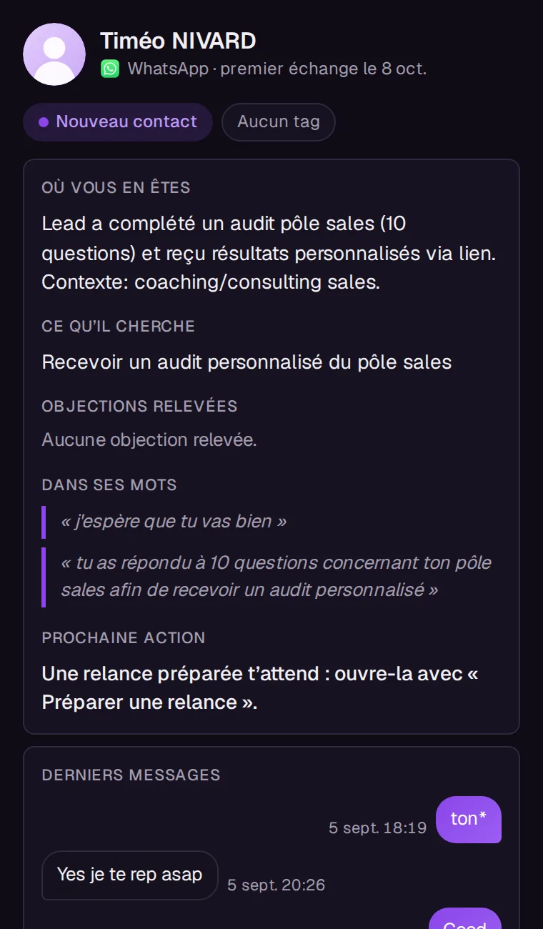 Écran Ficiel dans Claude : La fiche d'un prospect