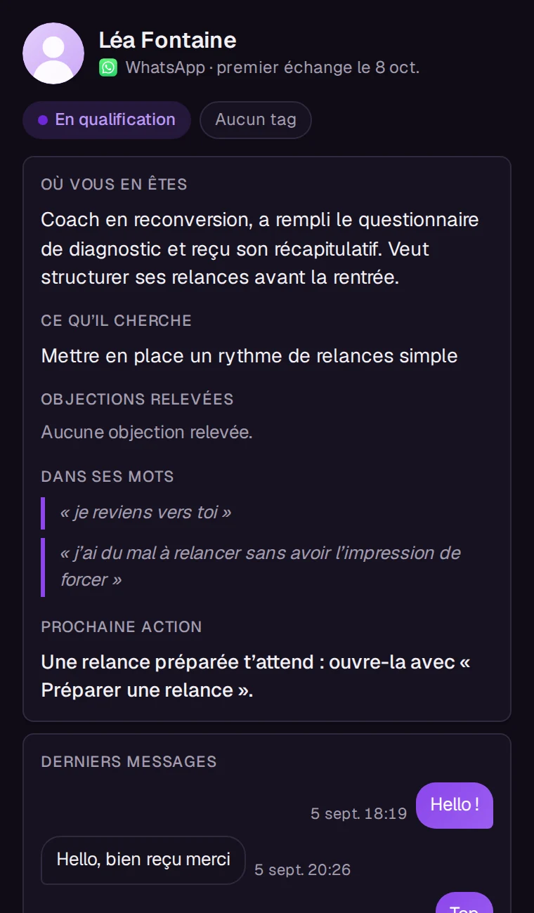 Écran Ficiel dans Claude : La fiche d'un prospect
