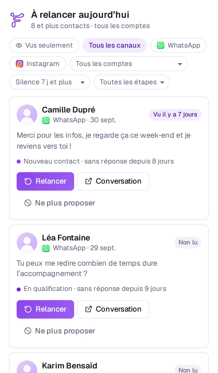 Ficiel screen in Claude: Who to follow up with